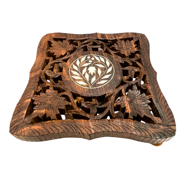 Vintage Wooden Trivet Footed Hand Carved with Inlay  made in India - Repaired