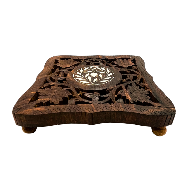 Vintage Wooden Trivet Footed Hand Carved with Inlay  made in India - Repaired