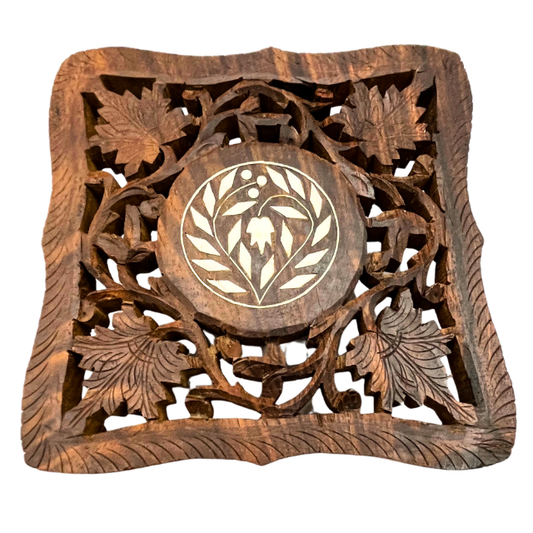 Vintage Wooden Trivet Footed Hand Carved with Inlay  made in India - Repaired