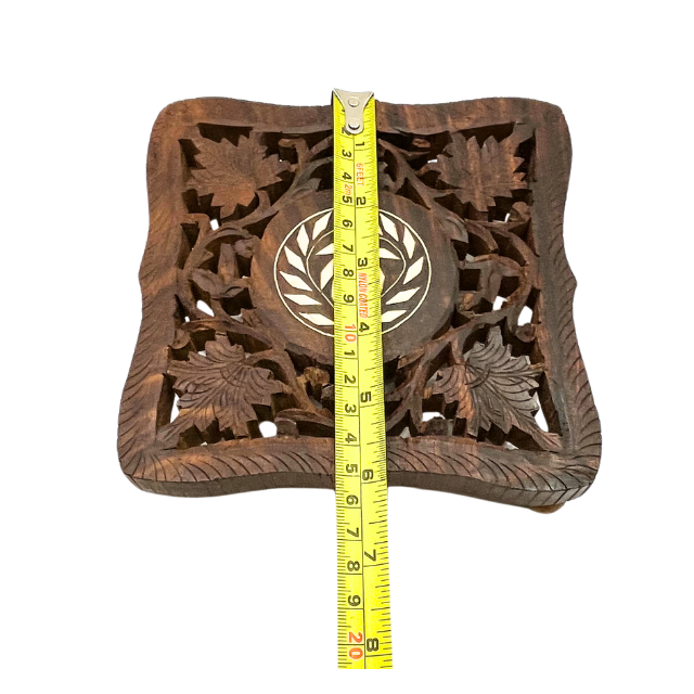 Vintage Wooden Trivet Footed Hand Carved with Inlay  made in India - Repaired