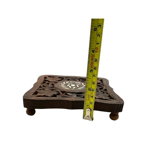 Vintage Wooden Trivet Footed Hand Carved with Inlay  made in India - Repaired