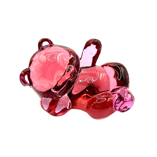 Vintage Fenton Pink Cranberry Rose Art Glass  Reclining Teddy Bear Figurine - Read Description