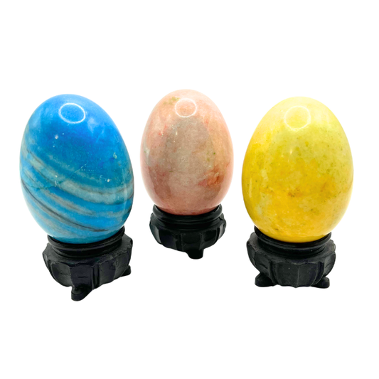 Vintage Carved Stone Eggs w/ Stands, Dyed Alabaster Marble LOT of 3