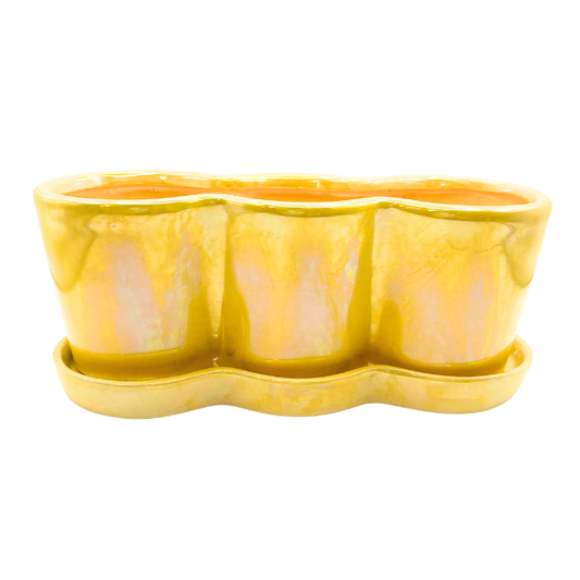 Vintage Pier 1 Yellow Iridescent Ceramic 2pc Plater Set
