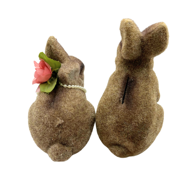 Vintage Flocked Brown Bunny Coin Bank Figurines