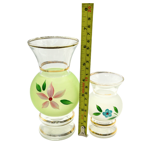 Vintage  Bartlett Collins Handpainted Gold Gilded Glass Flower Vases 6" & 4"