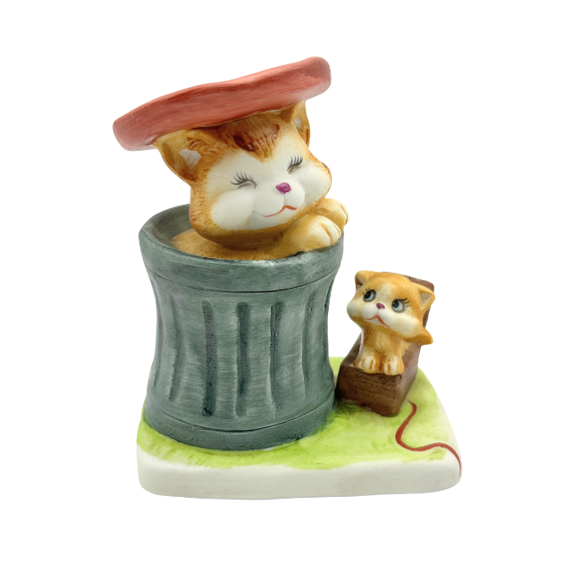 Vintage UCGC Bisque Cat and Kitten Trash Can 4" Figurine Made in Korea