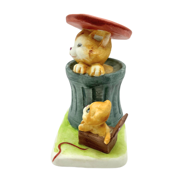 Vintage UCGC Bisque Cat and Kitten Trash Can 4" Figurine Made in Korea