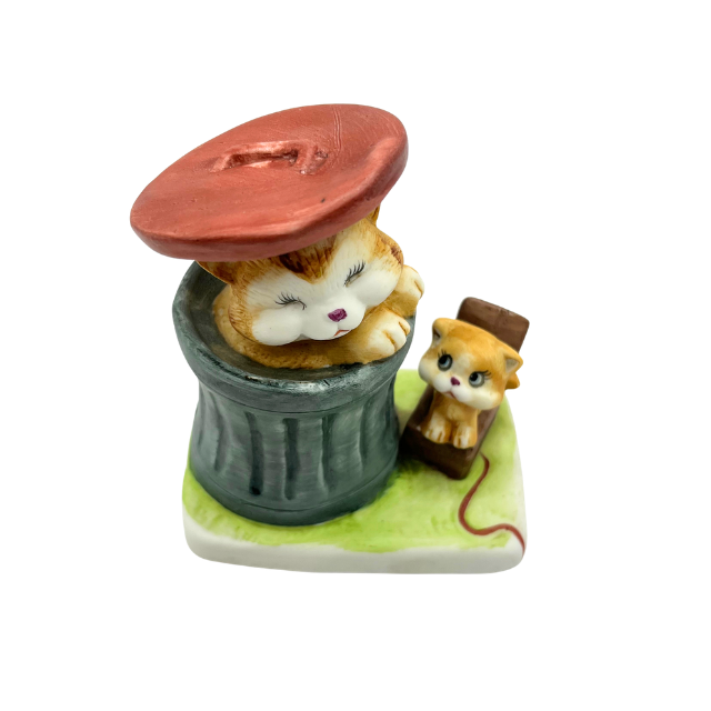 Vintage UCGC Bisque Cat and Kitten Trash Can 4" Figurine Made in Korea