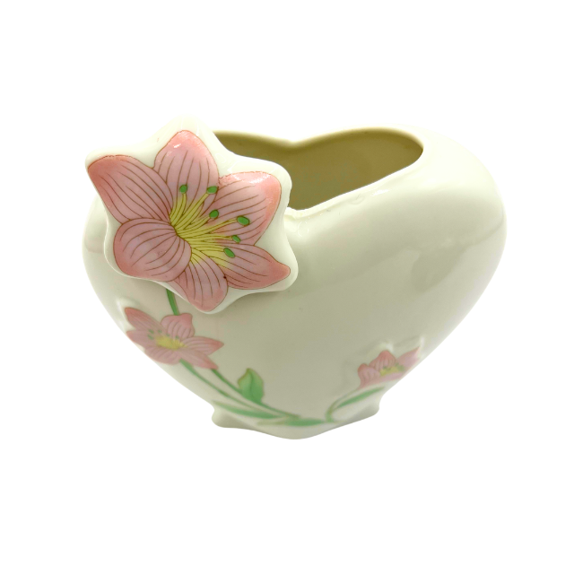 Vintage Heart Shaped Porcelain Vase with Lilly Flower Accents