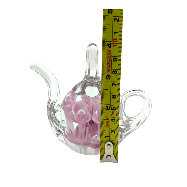 Vintage Hand-Blown Glass Teapot Paperweight Pink Flowers with Controlled Bubble