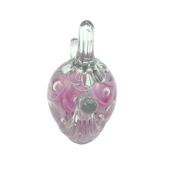 Vintage Hand-Blown Glass Teapot Paperweight Pink Flowers with Controlled Bubble