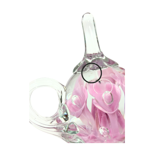 Vintage Hand-Blown Glass Teapot Paperweight Pink Flowers with Controlled Bubble