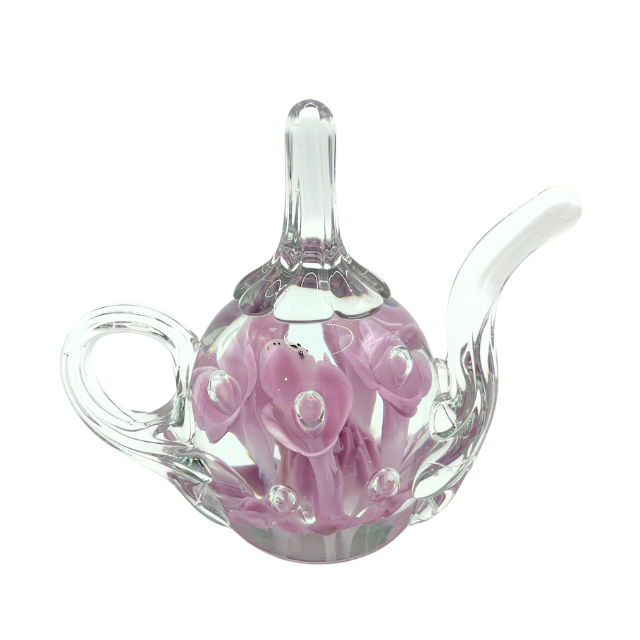 Vintage Hand-Blown Glass Teapot Paperweight Pink Flowers with Controlled Bubble
