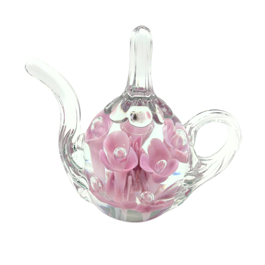 Vintage Hand-Blown Glass Teapot Paperweight Pink Flowers with Controlled Bubble