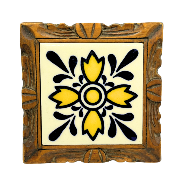Vintage Hand-Painted Talavera Tile Trivet Wood Footed Framed