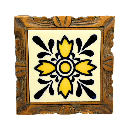 Vintage Hand-Painted Talavera Tile Trivet Wood Footed Framed