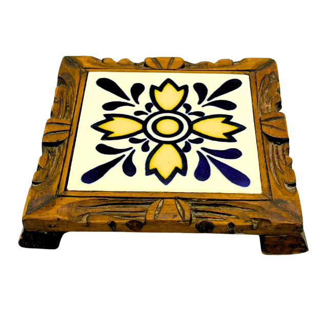 Vintage Hand-Painted Talavera Tile Trivet Wood Footed Framed