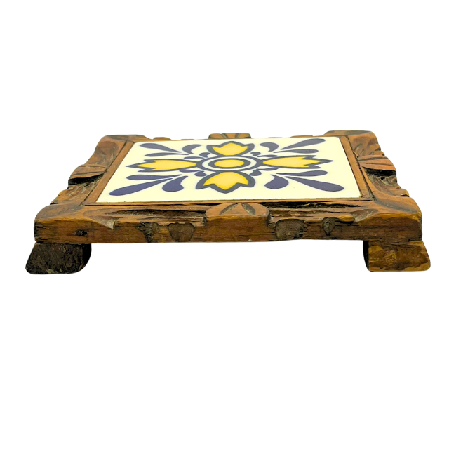 Vintage Hand-Painted Talavera Tile Trivet Wood Footed Framed