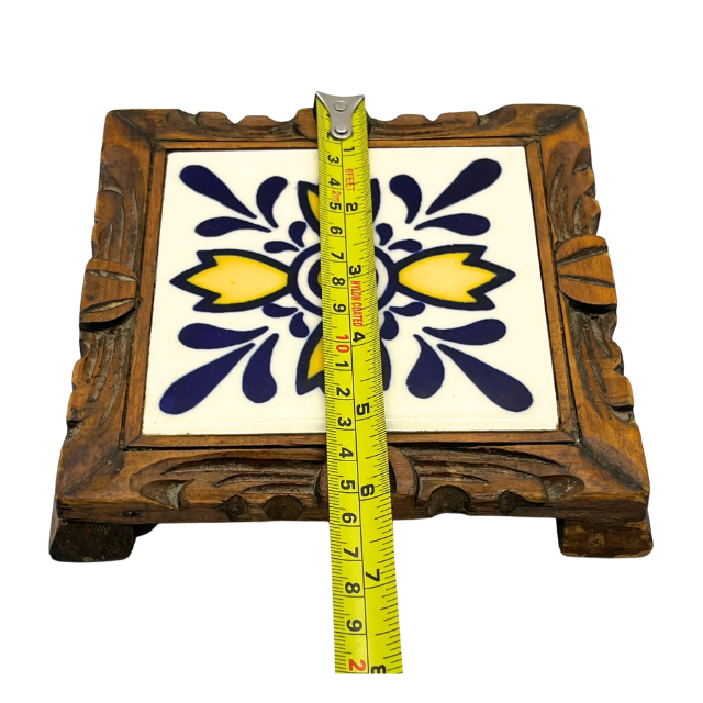 Vintage Hand-Painted Talavera Tile Trivet Wood Footed Framed