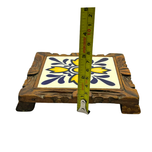 Vintage Hand-Painted Talavera Tile Trivet Wood Footed Framed