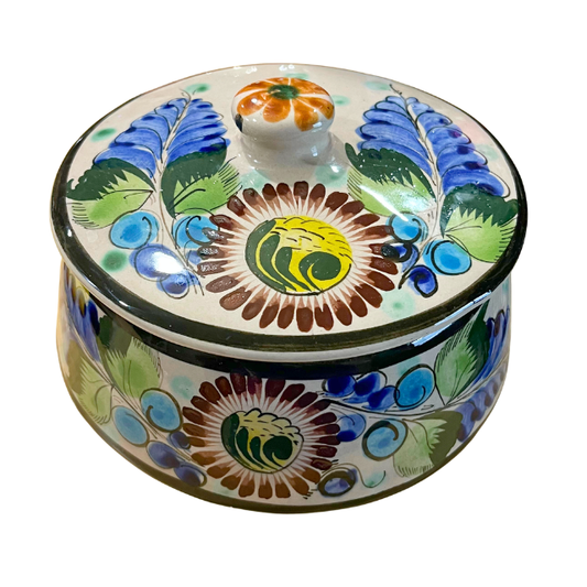 Vintage Talavera Pottery Bean Pot/ Casserole Dish with Lid Hand-Painted Floral Folk Art