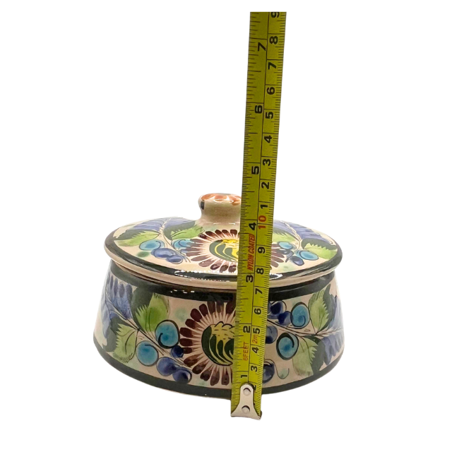 Vintage Talavera Pottery Bean Pot/ Casserole Dish with Lid Hand-Painted Floral Folk Art