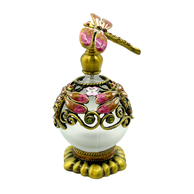 Jeweled Pink Dragonfly  & Flower Enamel Round Glass Perfume Bottle with Base