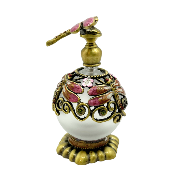 Jeweled Pink Dragonfly  & Flower Enamel Round Glass Perfume Bottle with Base