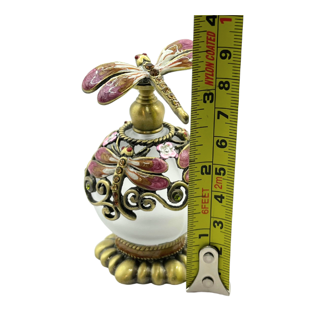 Jeweled Pink Dragonfly  & Flower Enamel Round Glass Perfume Bottle with Base