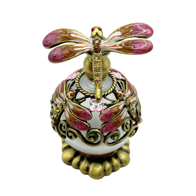 Jeweled Pink Dragonfly  & Flower Enamel Round Glass Perfume Bottle with Base