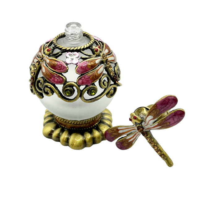 Jeweled Pink Dragonfly  & Flower Enamel Round Glass Perfume Bottle with Base
