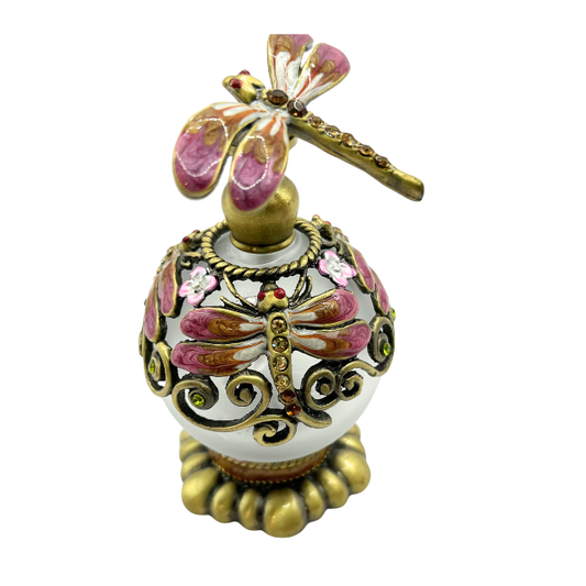 Jeweled Pink Dragonfly  & Flower Enamel Round Glass Perfume Bottle with Base
