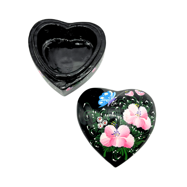 Vtg Black Lacquered Heart Shaped Lidded Trinket Box Hand Painted Made in Thailand