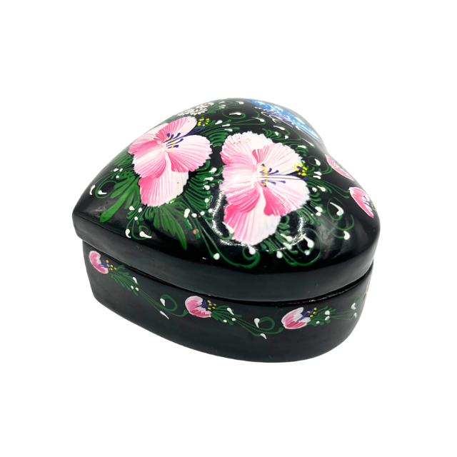 Vtg Black Lacquered Heart Shaped Lidded Trinket Box Hand Painted Made in Thailand