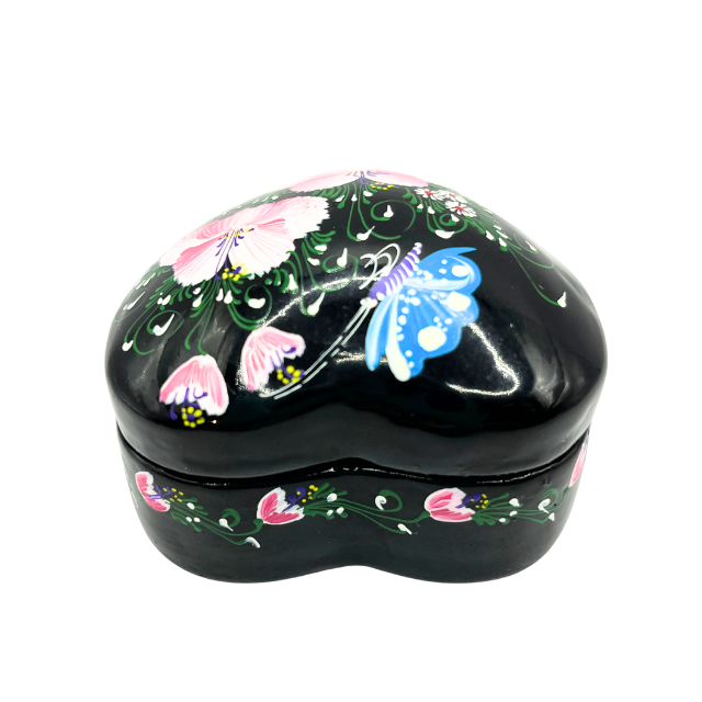 Vtg Black Lacquered Heart Shaped Lidded Trinket Box Hand Painted Made in Thailand