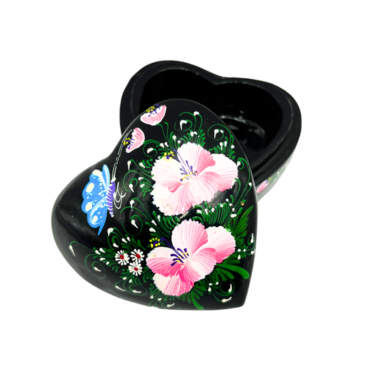Vtg Black Lacquered Heart Shaped Lidded Trinket Box Hand Painted Made in Thailand
