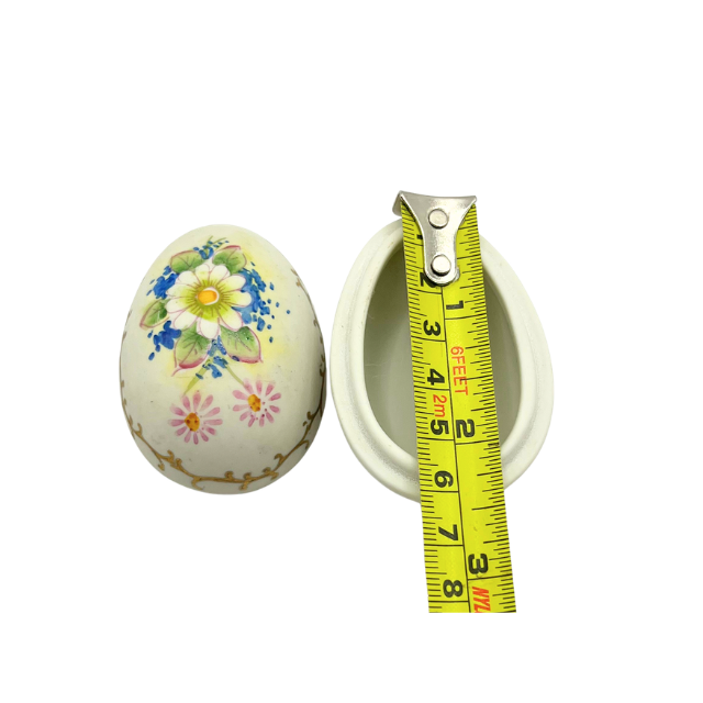 Vintage Lefton Bisque Egg Shape Mini Trinket Box Hand Painted Flowers Daisy