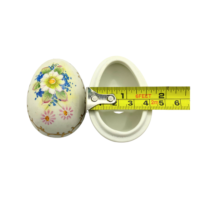 Vintage Lefton Bisque Egg Shape Mini Trinket Box Hand Painted Flowers Daisy