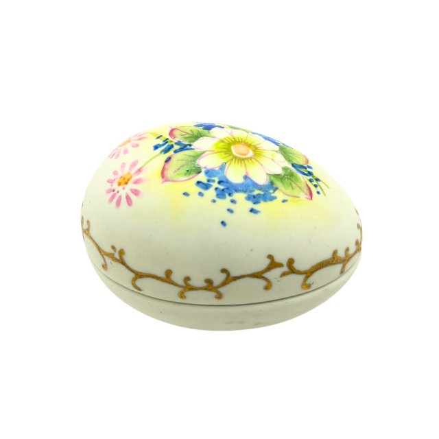 Vintage Lefton Bisque Egg Shape Mini Trinket Box Hand Painted Flowers Daisy