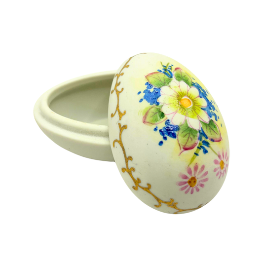 Vintage Lefton Bisque Egg Shape Mini Trinket Box Hand Painted Flowers Daisy