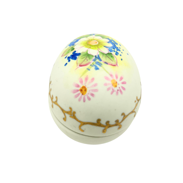 Vintage Lefton Bisque Egg Shape Mini Trinket Box Hand Painted Flowers Daisy