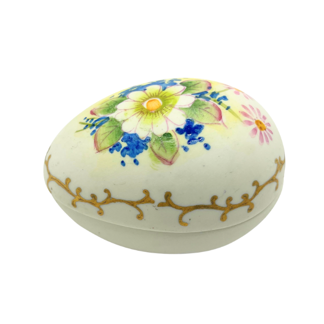 Vintage Lefton Bisque Egg Shape Mini Trinket Box Hand Painted Flowers Daisy
