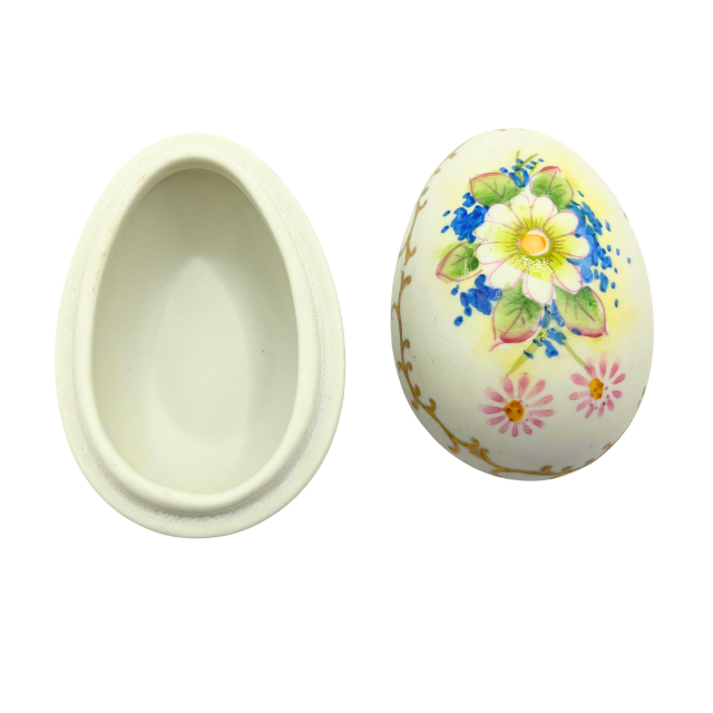 Vintage Lefton Bisque Egg Shape Mini Trinket Box Hand Painted Flowers Daisy