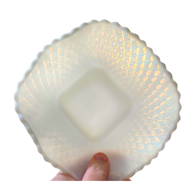 MCM White Milk Glass Ruffle Edge Candy Nut Dish MCM Kimberly Diamond Point by Hazel-Atlas