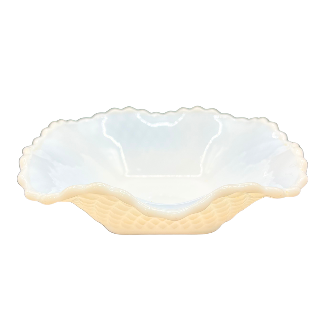 MCM White Milk Glass Ruffle Edge Candy Nut Dish MCM Kimberly Diamond Point by Hazel-Atlas
