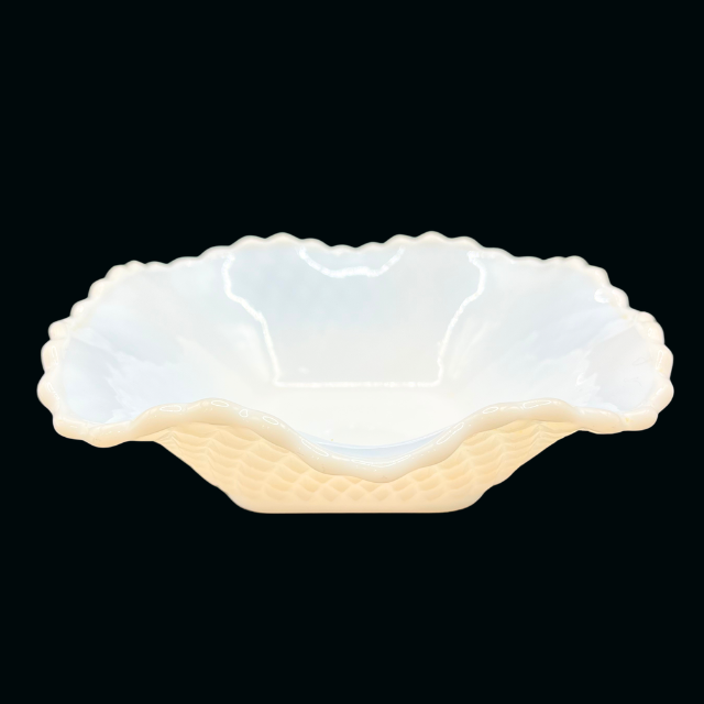 MCM White Milk Glass Ruffle Edge Candy Nut Dish MCM Kimberly Diamond Point by Hazel-Atlas