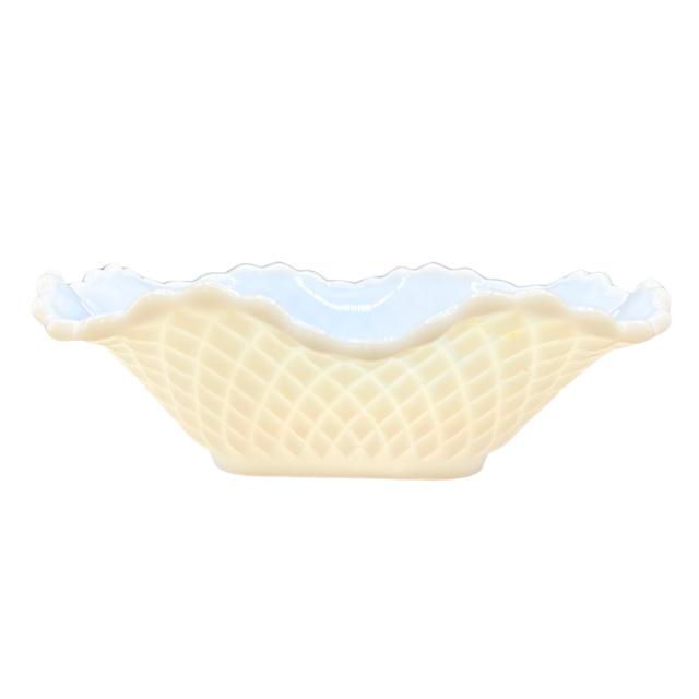 MCM White Milk Glass Ruffle Edge Candy Nut Dish MCM Kimberly Diamond Point by Hazel-Atlas