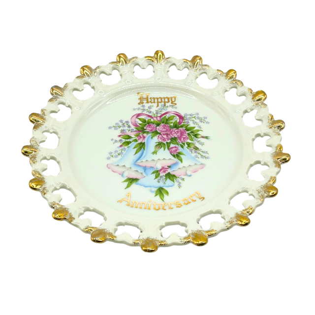 MCM Norcrest Fine China Happy Anniversary Celebration 8" Plate with Floral, Bells, Ribbons, and Gold Accents