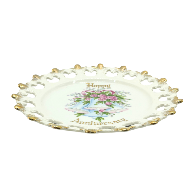 MCM Norcrest Fine China Happy Anniversary Celebration 8" Plate with Floral, Bells, Ribbons, and Gold Accents